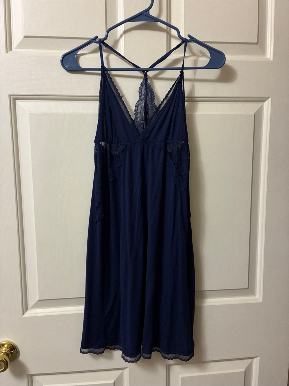Elegant Navy Lace-Accent Chemise with Strappy Back